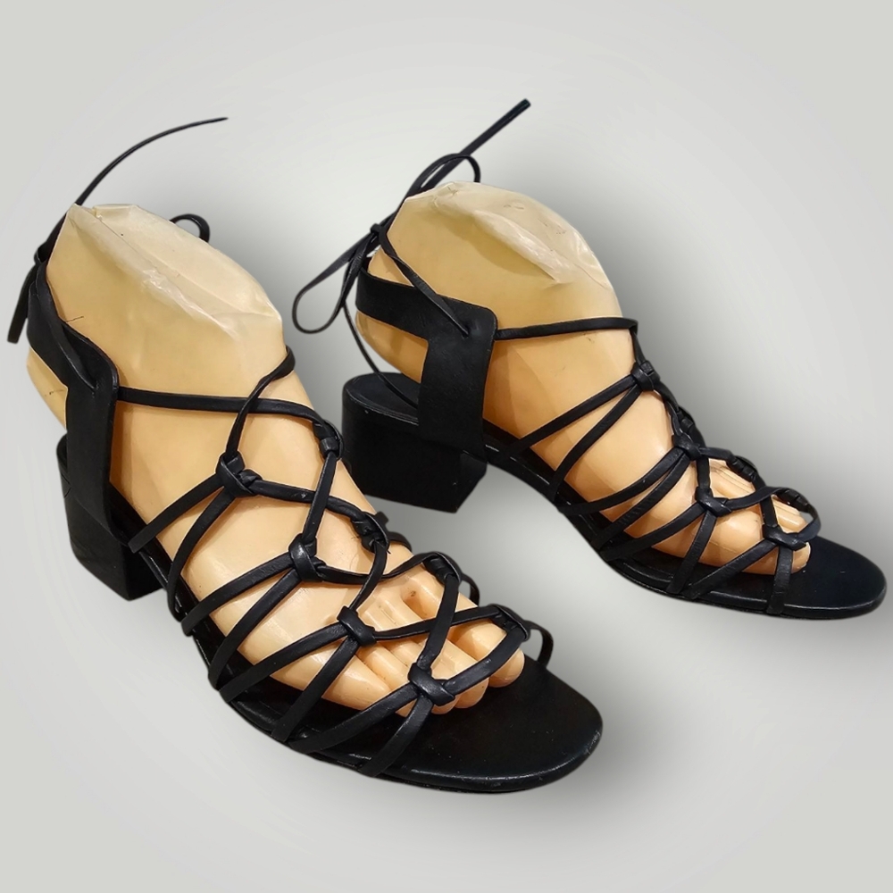 VINCE Beaumont Women Black Leather Lace Up Block Heel Sandals 7.5M